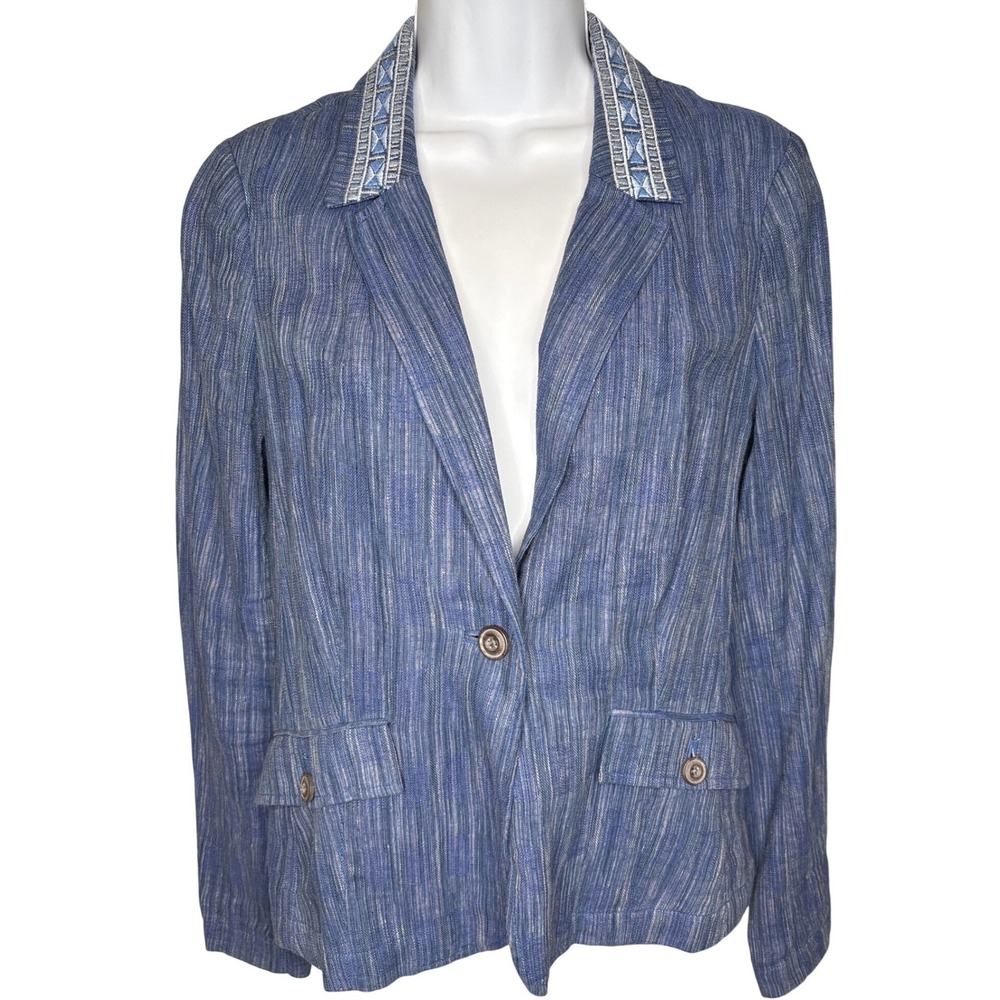 Cartonnier Anthropologie Womens‎ Blue Embroidered Linen Blazer 2 Coastal Grandma